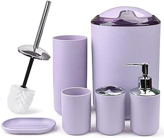 CERBIOR Bathroom Accessories Set 6 Piece Bath Ensemble Includes Soap Dispenser, Toothbrush Holder, Toothbrush Cup, Soap Dish for Decorative Countertop and Housewarming Gift (Purple)