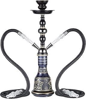 20" Hookah set - 2 Hose Premium Shisha Hookah Kit with Glass Vase, Ceramic Bowl and Coal Tongs Ashtray for Better Shisha Narguile Smoking (Black)