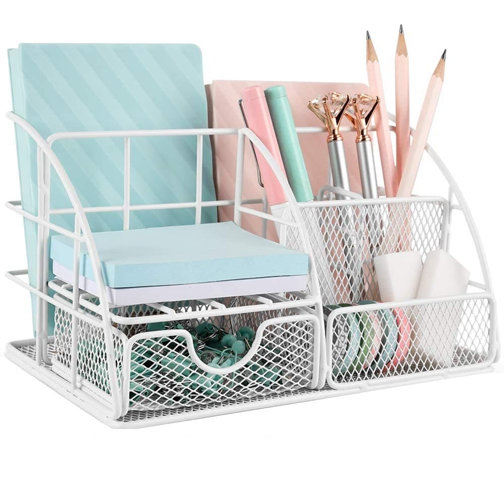 Benting Desk Organizer Office Accessories, Multi-Functional Mesh Desk Organizer with 5 Compartments and 1 Drawer for Home, Office, School, Workshop, kitchen (White)