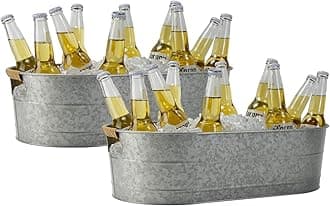 Ice Bucket Galvanized Tub, 2 Pcs 5 Gallon Oval Beverage Tub, Drink Cooler Ice Buckets for Parties, Metal Bucket with Rattan Handle for Beer Whiskey Wine and Cocktails (Galvanized)
