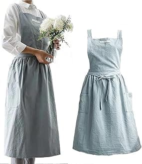 Cotton and linen Kitchen Cooking Aprons Dress for Women with Pockets Cute for Baking Painting Gardening Cleaning