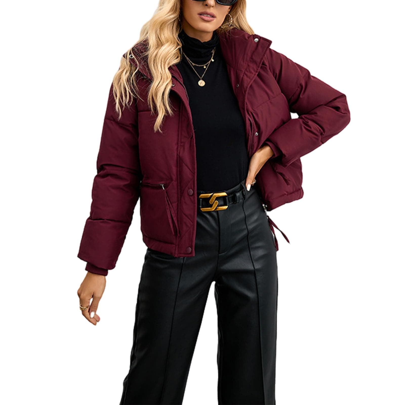 YoisdtxcWomen's Winter Warm Short Jacket Stand Collar Solid Color Zip Puffer Jacket Baggy Short Padded Down Coats