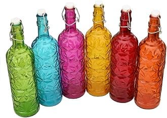 Somil Food Grade Home & Kitchen Serving & Storage Water, Juice, Milk Bottle with Lid, 1000 ml, Set of 6, Rani Yellow Green Orange Firozi Red