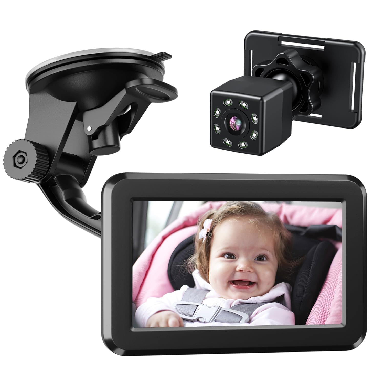 Back Seat Baby Car Camera with HD Night Vision Function Car Mirror Display, Reusable Sucker Bracket, Wide View, 12V Cigarette Lighter, Easily Observe the Baby’s Move