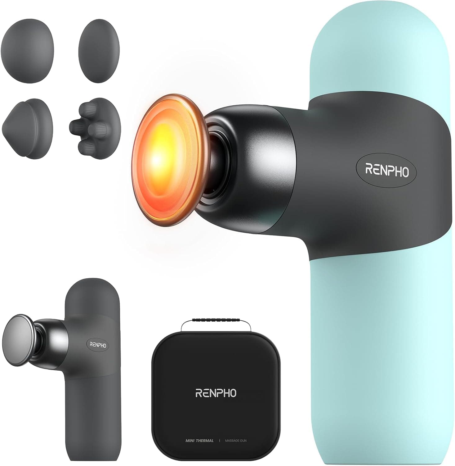 RENPHO Mini Thermal Massage Gun with Heat Function, Mini Massage Gun, Portable Fashionable Percussion Massager, with Coloured Silicone Sleeves, Travel Size with Carry Bag, for Muscle Massage, Blue