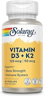 SOLARAY Vitamin D3 K2, K2 D3 Vitamin Supplement for Calcium Absorption, Bone Strength, Cardiovascular & Immune Function Support, Made Without Soy, 60-Day Guarantee, 60 Servings, 60 VegCaps