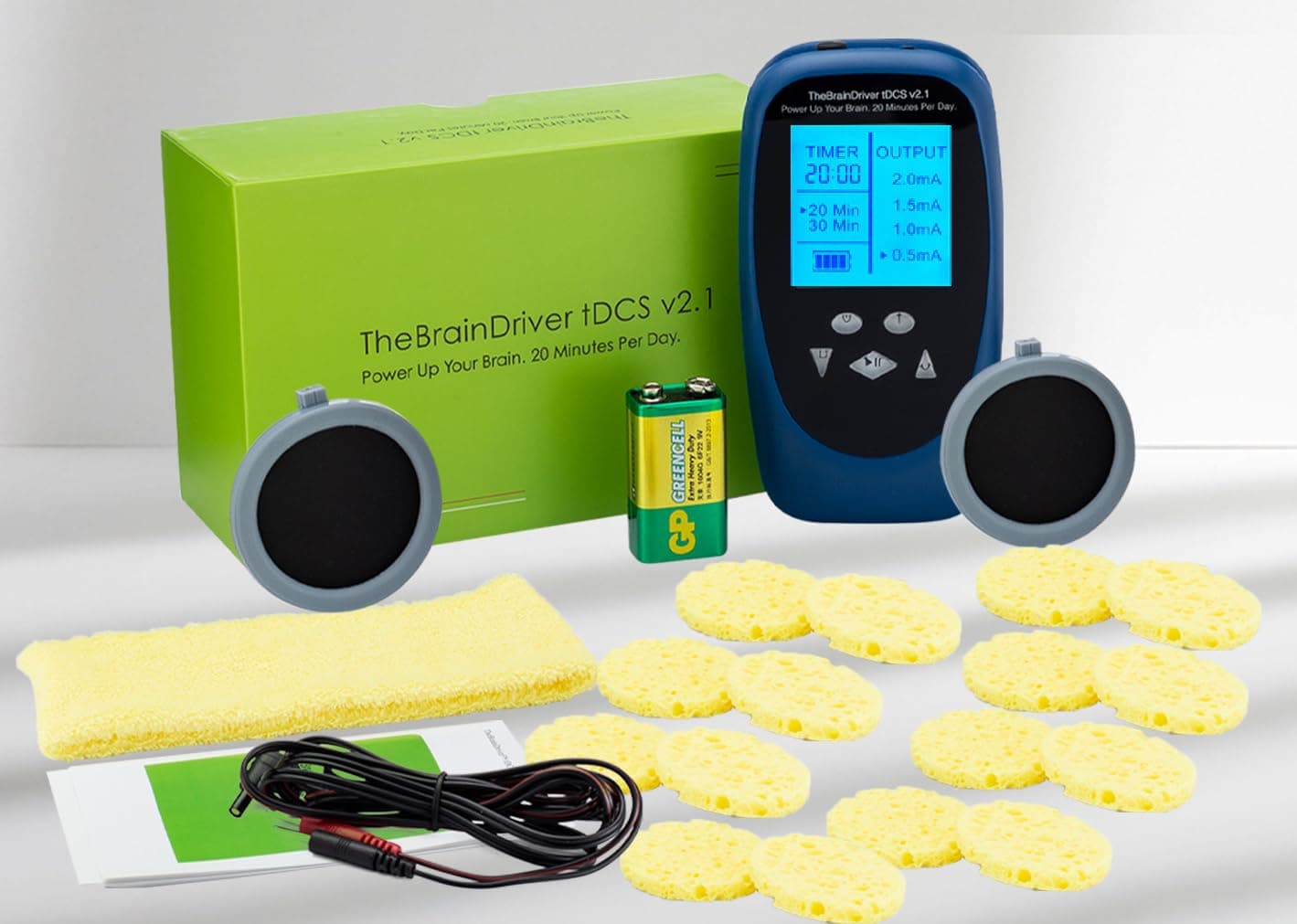 TheBrainDriver tDCS Device - v2. tDCS with 8 total sets of sponges. Digital Precision + Safety Features. (Everything Included. Ready-to-Use).