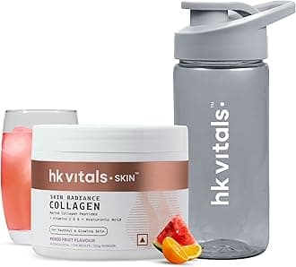 hk vitals Marine Collagen Supplements Powder (Mixed Fruit, 100g) & Sipper Bottle (Grey, 300ml) Combo Pack | With Vitamin C & E | For Healthy Skin, Hair & Nails