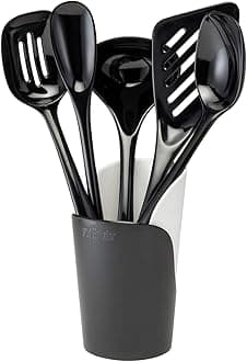 Hutzler 6-piece Melamine Cooking Utensils Set, Includes a 12-inch Long Slotted Spoon, Solid Spoon, Mixing Spoon, Slotted Turner, Soup Ladle, and Storage Crock, Black