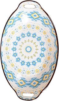 Nestasia Blue & Yellow Diamond Ceramic Long Dish with Handles for Serving Snacks, Appetizers, Salads, and Noodles| Microwave Safe, Dishwasher Safe (10.8 Inch)