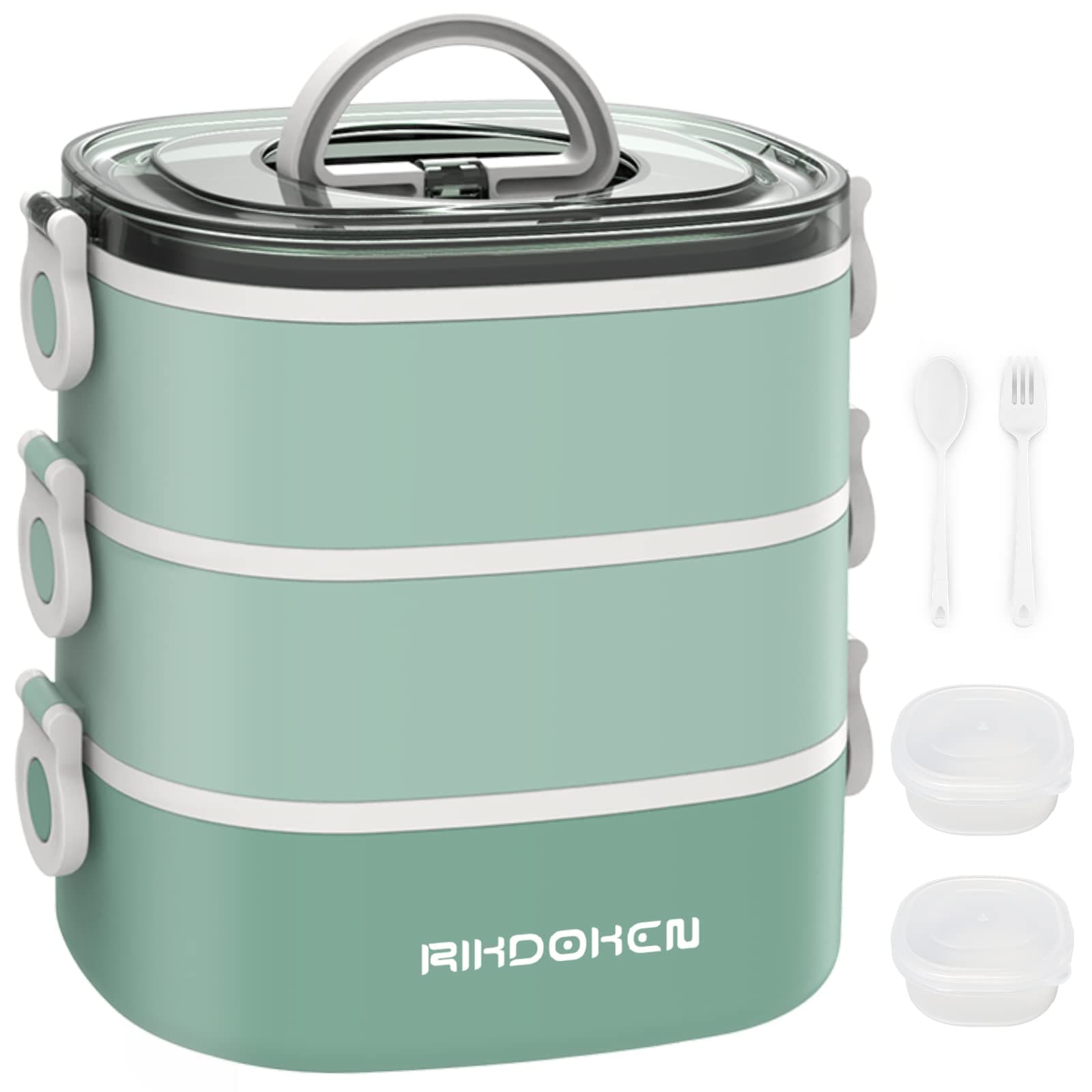 RIKDOKEN Lunch Box, Stackable 3 Layers Containers, Portable 94OZ Large Capacity Leakproof Bento Box with Spoon & Fork & Sauce Boxes, Microwave Safe Lunch Box for Kids and Adults
