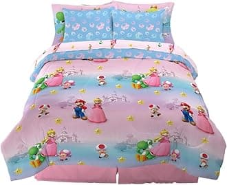 Franco Super Mario Girl Princess Peach Girl Gamer Kids Bedding Super Soft Comforter and Sheet Set with Sham, 7 Piece Queen Size, (Official Licensed Product)