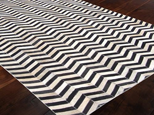 Leather Hide Patchwork Rug Hand Made Black and White Chevron-8x10 Feet