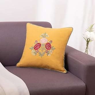 haus & kinder Decorative Embroidered Cushion Cover | Golden Bloom Throw Cushion Cover for Sofa, Living Room | Cotton Cushion Covers 16 Inch X 16 Inch