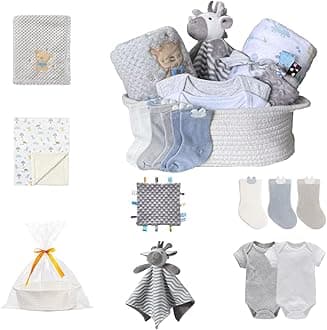 CREVENT Gift Set for Girls Boys -Diaper Caddy Organizer Basket with 2 Blankets, 1 Taggie, 1 Lovey, 3 Socks，2 Baby Bodysuits，1 Gift Bag with Ribbon - Newborn Essential Baby Shower