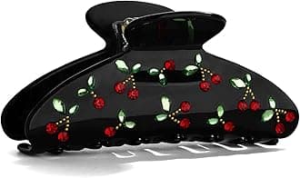LILIE&WHITE Black Cherry Hair Clip – Elegant Black Claw Clip with Red Cherry Rhinestone and Green Leaf Detailing, Durable, Hypoallergenic Hair Accessory, Gift for Women