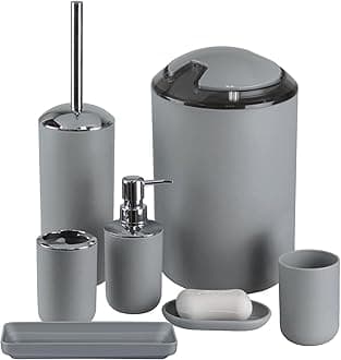 IMAVO Bathroom Accessories Set,Grey Bathroom Set,7 Pieces Bathroom Accessory Set,Tray,Toilet Brush,Trash Can for Bathroom Décor and Housewarming Gifts