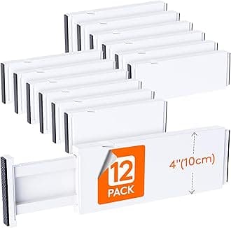 Lifewit 12 Pack 4" High Drawer Dividers 28 -43.5cm/11-17" Adjustable Kitchen Drawer Organiser, Expandable Drawer Dividers Separator for Clothes in Bedroom/Bathroom/Office Organisation & Storage White