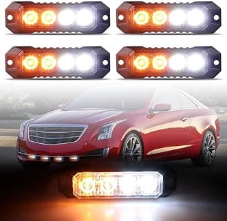 4-LED Surface Mount Strobe Lights for Trucks Car Vehicle Mini Grille Flashing Light Head Emergency Hazard Warning Grill Lamp Ultra Slim 4pcs Sync Feature (Amber&White)