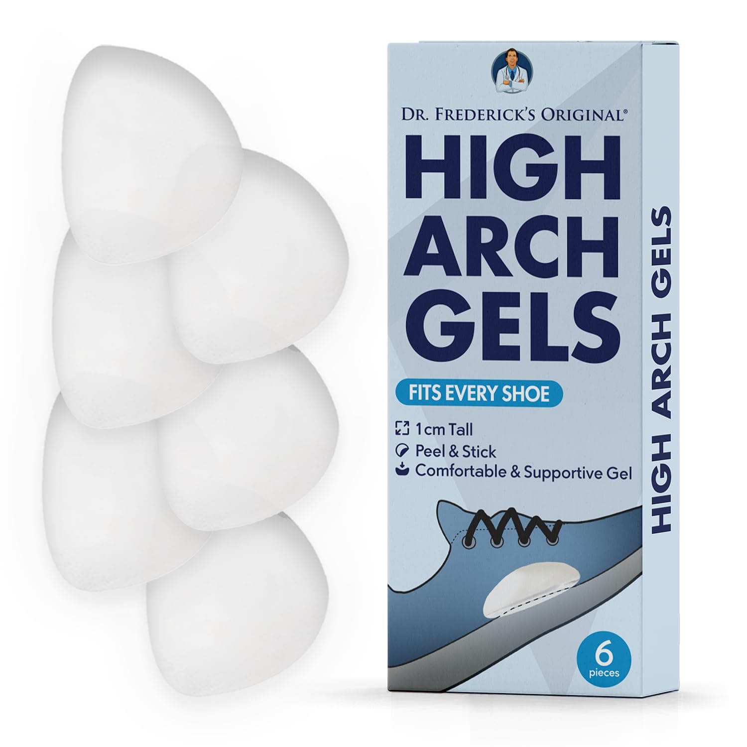 Dr. Frederick's Original High Arch Support Gel Inserts - 6 Pcs - Peel & Stick SuperComfort Gel - Great for Sandals - Dress Shoes - Women & Men