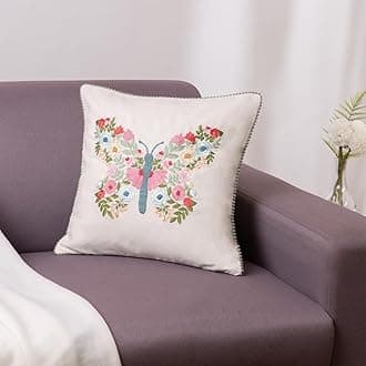 haus & kinder Decorative Embroidered Cushion Cover | Blossom Butterfly Throw Cushion Cover for Sofa, Living Room | Cotton Cushion Covers 16 Inch X 16 Inch