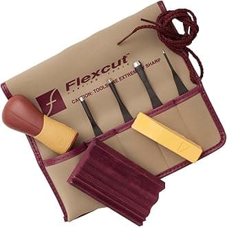 FLEXCUT SK130 5-Piece Lino & Relief Printmaking Set, Carbon Steel Blades (SK306, SK309, SK803, SK307), Quick Connect ABS Handle, Tool Roll, Strop & Honing Compound – 12 oz, Made in USA