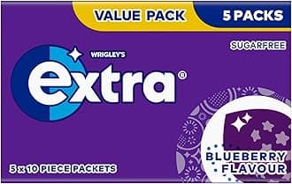 Wrigley's Extra Chewing Gum, Blueberry Flavour, 5 Packs of 10 Pieces, Sugar Free Chewing Gum Multipack with Xylitol (50 pieces)