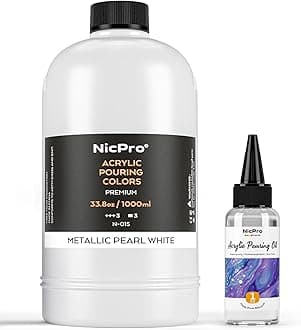 White Metallic Pearl Color Acrylic Pour Paint, 33.8 Ounce Pre-Mixed Pouring Paint Supplies with Silicone Pour Oil for Canvas, Rock, Wood Cell Creation Flow DIY Art Painting, Ready to Pour