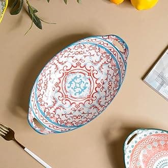 Nestasia Red and Blue Mandala Ceramic Long Dish with Handles for Serving Snacks, Appetizers, Salads, and Noodles| Microwave Safe, Dishwasher Safe (10.8 Inch)