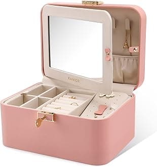 KAMIER Jewelry Box - 2 Layer PU Leather Organizer with Large Capacity, Double Lock, Built-in Mirror, Hidden Necklace Hooks, Removable Dividers, Pink