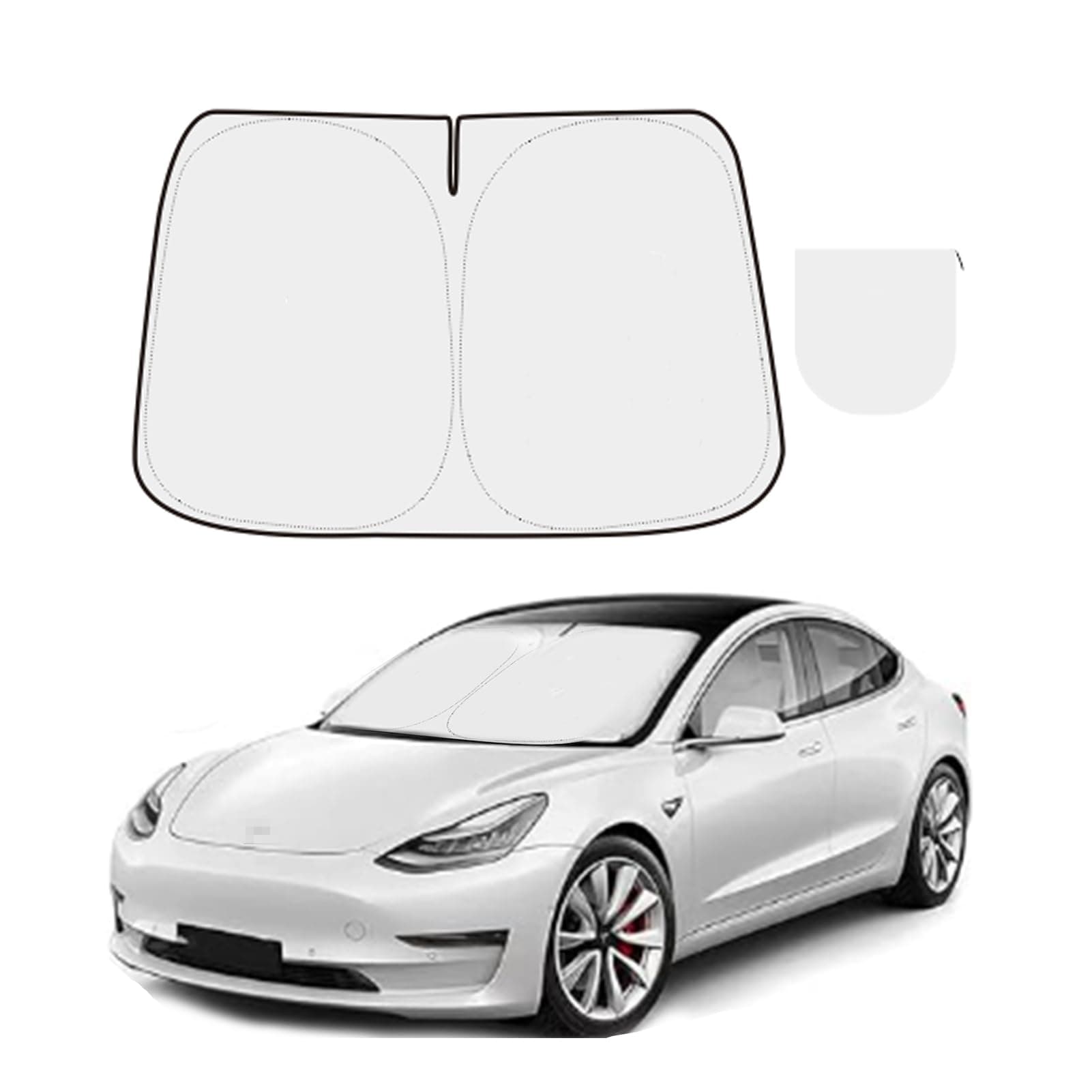 Tesla Model 3 Model Y Windshield Sunshade, Foldable 300T High-Density Sunshade with Organizer Bag, Model 3 Model Y Accessories for Front Window (Black, Pattern-Tesla)