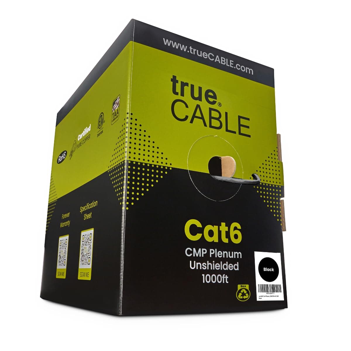 trueCABLE Cat6 Plenum (CMP), 1000ft, Black, 23AWG 4 Pair Solid Bare Copper, 550MHz, PoE++ (4PPoE), ETL Listed, Unshielded Twisted Pair (UTP), Bulk Ethernet Cable