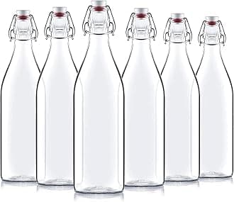 Bormioli Rocco Giara Swing Top Bottles 33 ¾ Ounce/1 Liter (6 Pack) ROUND Clear Glass Grolsch Flip Top Bottle With Stopper