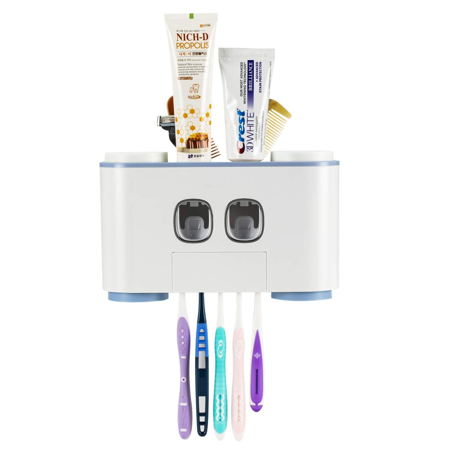 Toothbrush Holder Multifunctional Wall-Mounted Space-Saving Toothpaste Squeezer Kit with Dustproof Cover, 5 Toothbrush Slots, 2 Automatic Toothpaste Dispenser and 4 Cups. (Blue)