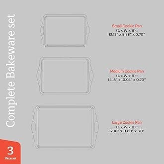 Baking Pan Set - Nonstick Coating, Carbon Steel Bakeware Set with Red Silicone Handles, PFOA, PFOS, PTFE Free, Recipe Booklet Included, Oven Safe Tray (Up to 450° F), Set of 3 - Black