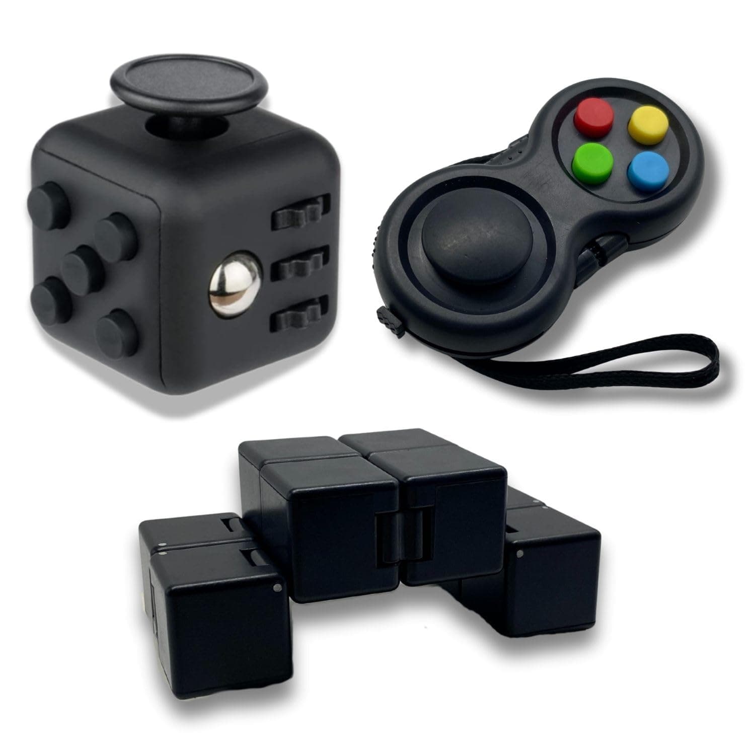 3Pcs Fidget Toy Cube Toy, Pad, Infinity Cube, Stress Reducer, Anxiety Relief, Focus, Sensory, Black, Adult, Small