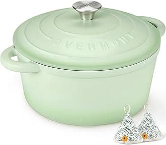 OVERMONT26cm/5.2L Enamelled Cast Iron Round Casserole Dish With Lid,5.5QT, Cookbook -Non-stick Dutch Oven for Braising, Stews, Roasting, Bread Baking - Bean green