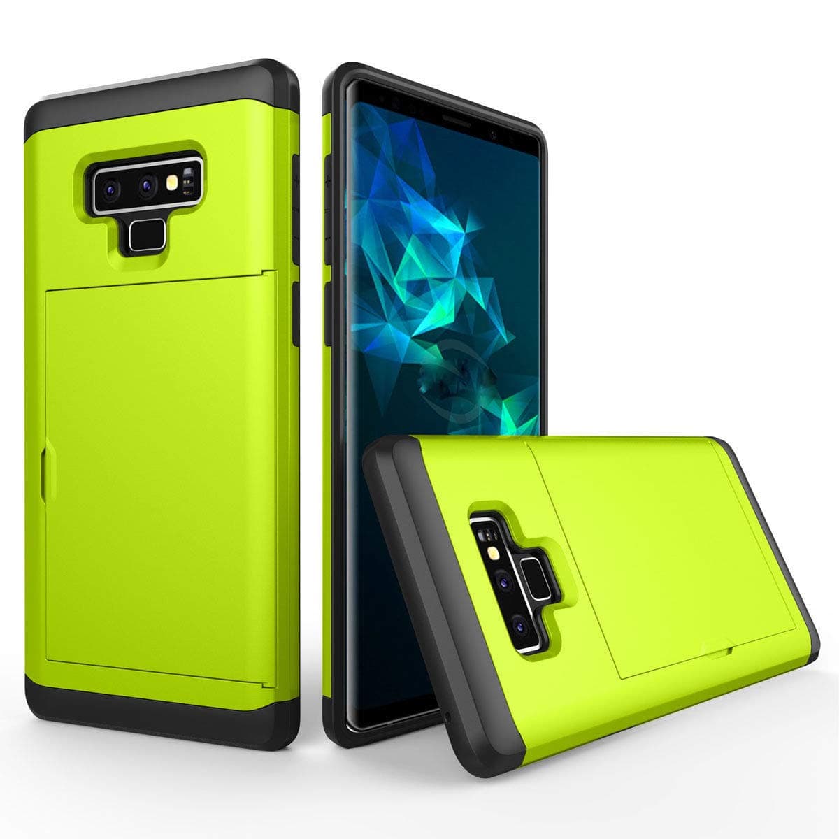 Galaxy Note 9 Case, Heavy Duty Shockproof Rubber Hybrid Rugged Hard Back Cover with ID Credit Card Slot Holder Case Compatible with Samsung Galaxy Note 9 (Neon Green)