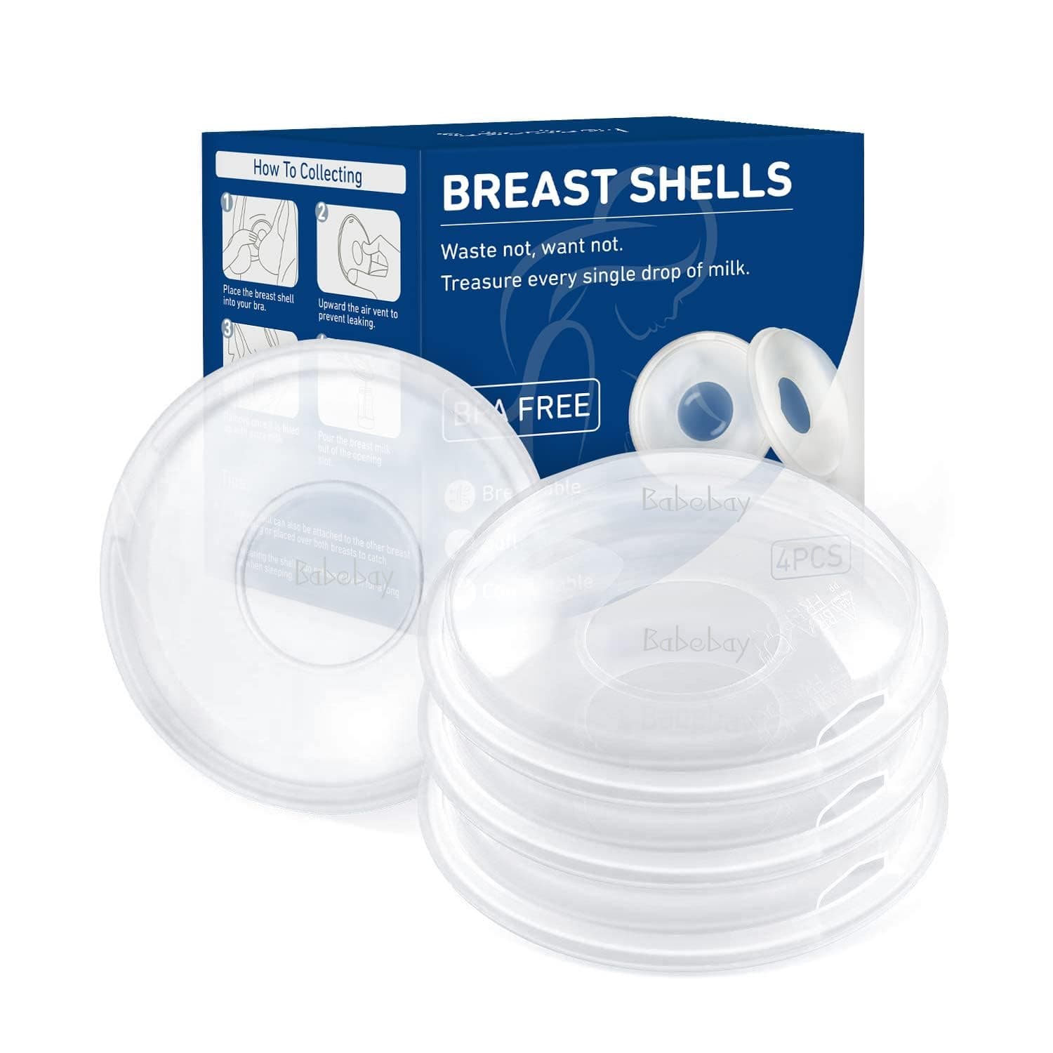 Babebay Breast Shells, 4 Pack Nursing Cups, Milk Saver, Protect Sore Nipples for Breastfeeding, Collect Breastmilk Leaks for Nursing Moms, Soft and Flexible Silicone Material, Reusable