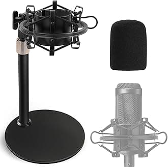 AT2020 Desktop Microphone Stand with Shock Mount & Foam Windscreen, Adjustable Mic Stand Desk with Pop Filter Shockmount for Audio Technica AT2020 AT2020USB+ AT2035 ATR2500 Condenser Microphone
