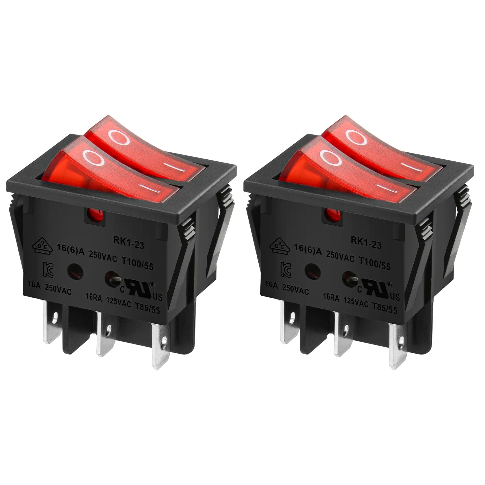 Heschen Double Rocker Switch SPST ON-OFF 6 Terminals Red light 16A 250VAC 2Pack