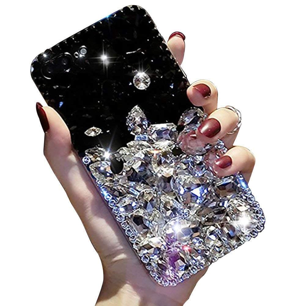LCHDA Bling Diamond Case for Samsung Galaxy S9 Plus, Glitter Clear Crystal Full Diamonds Luxury Sparkle Transparent Rhinestone Bumper Protective Phone Case Cover for Woman Girls - White & Black