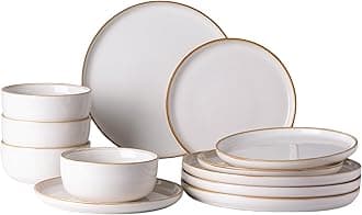 GBHOME Ceramic Dinnerware Sets for 4, 12 Pieces Stoneware Plates and Bowls Sets, Chip and Scratch Resistant Dishes, Dishwasher & Microwave Safe, Reactive Glaze -Off-White, GDW067