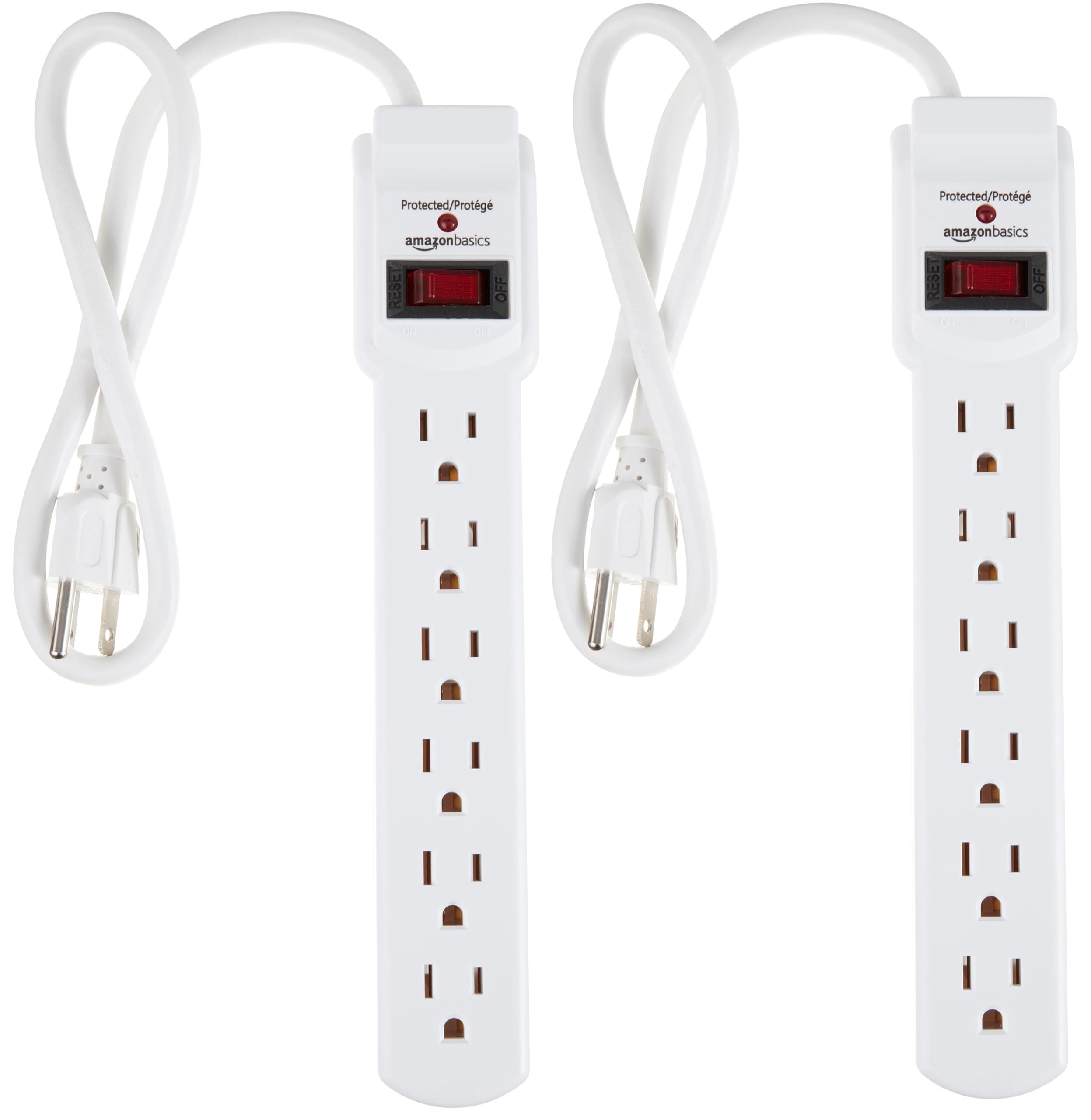 Amazon Basics Surge Protector Power Strip, 6-Outlet with 200J Protection, 2ft Extension Cord, Rectangle, White (2 Pack)