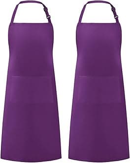 Syntus 2 Pack Adjustable Bib Apron Waterdrop Resistant with 2 Pockets Cooking Kitchen Aprons for BBQ Drawing, Women Men Chef, Purple