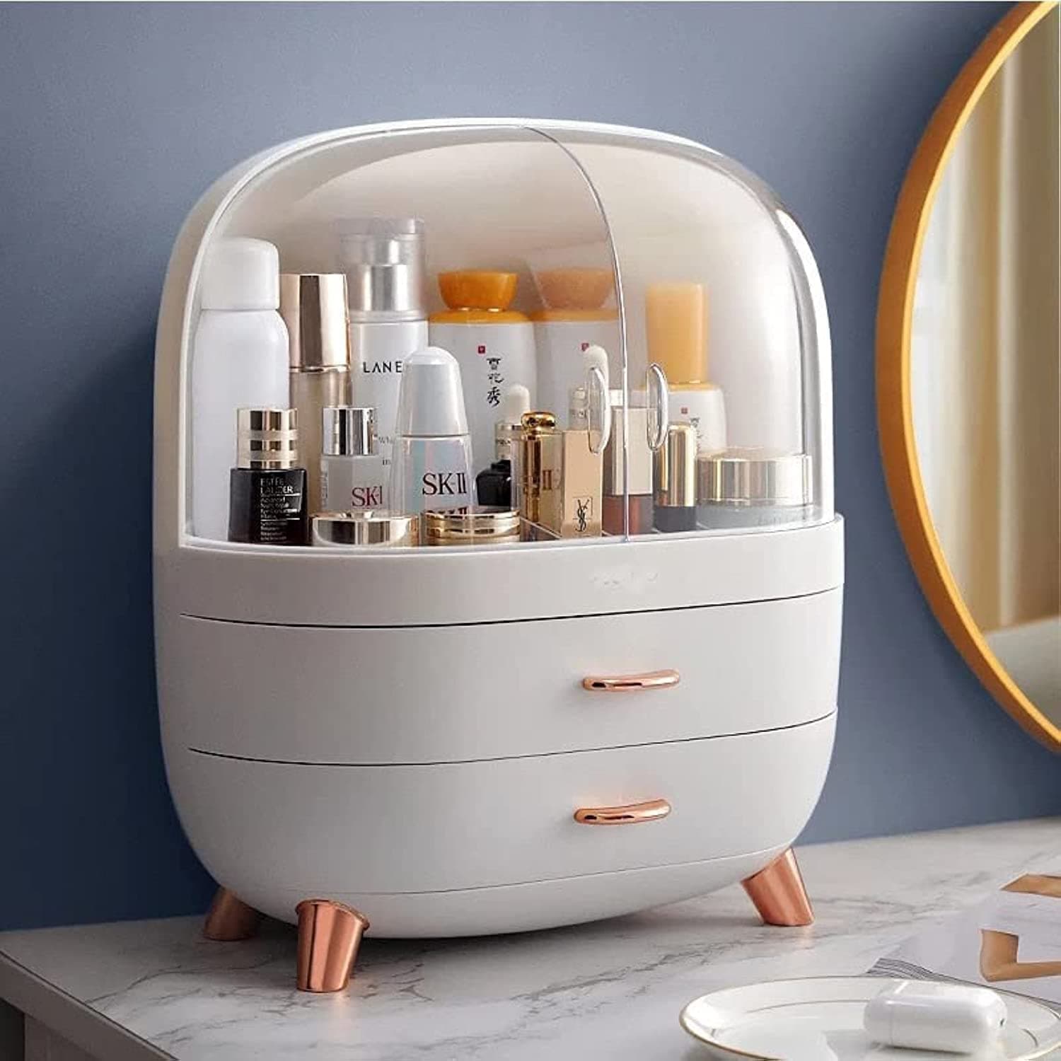 Modern Makeup Storage Organizer Box Cosmetics storage display rack with drawer，Waterproof, dustproof, elegant display cabinet，Suitable for bathroom countertop, bedroom dresser (White)