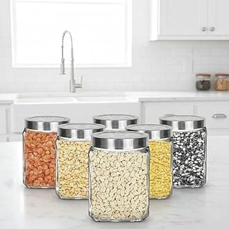 Glass Cubical Square 500ml Transparent Glass Jars & Containers for Kitchen Pantry,Snacks,Masala, Honey,Pickles,Cookies,Dry Fruits,Coffee Beans Storage with Steel see-through Lid (500ml,Set Of 8)
