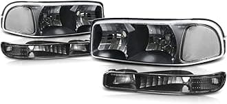 Black Housing Clear Corner Headlights & Bumper Lights Compatible with 99-07 Sierra 1500 2500 3500&HD / 99-06 Yukon&XL / 2001 Sierra C3, PMHL-GSIE-9906-4P-OH-BC