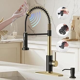 Smart Touch On Kitchen Faucet, 3 Modes Pull Down Sprayer, Sensor Activated, Ceramic Disc Valve, 360-Degree Rotation, 1 or 3 Hole Deck Plate. 10-Year Warranty. (KW-62GR, Brushed Gold/Black)