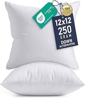 12x12 Pillow Inserts, Set of 2, White – Indoor Decorative Throw Pillows for Bed, Sofa & Couch – Soft, Supportive & Fluffy Cushion Inserts